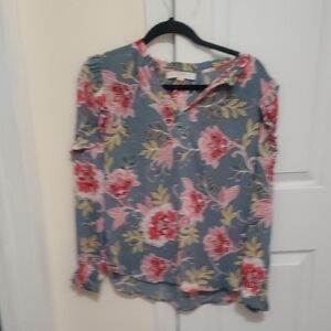 LOFT Gray and Blue Button Down Blouse with Mandarin Collar